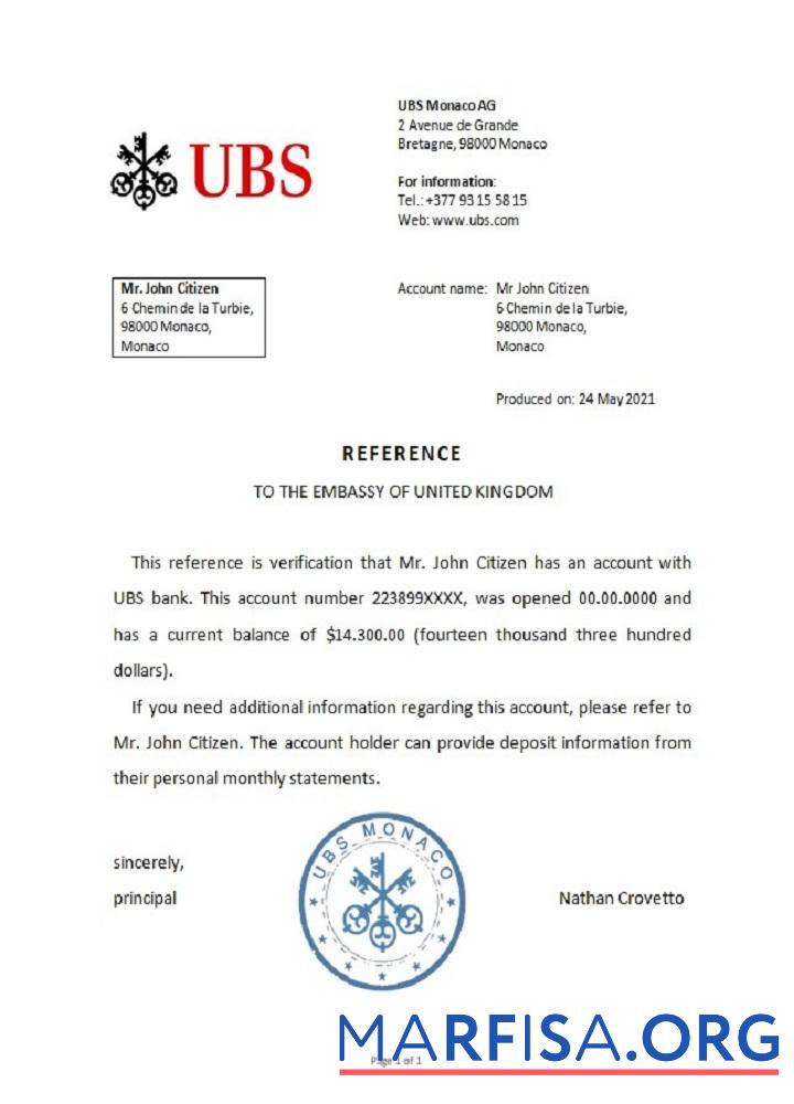 Realistic Monaco UBS bank reference download for verification
